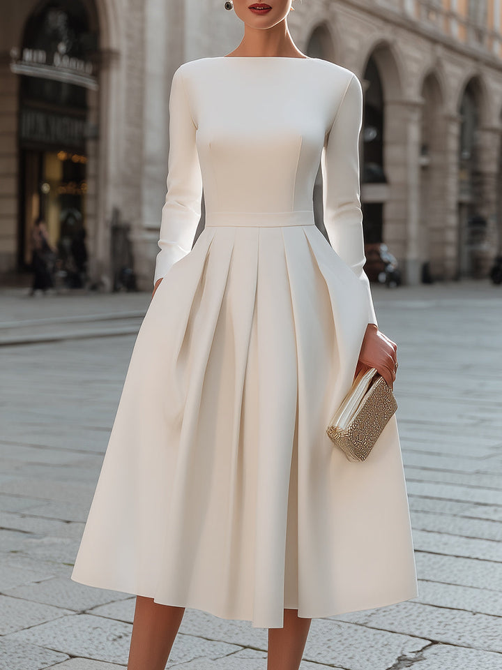 Boat Neck Pleated A-Line Midi Dress