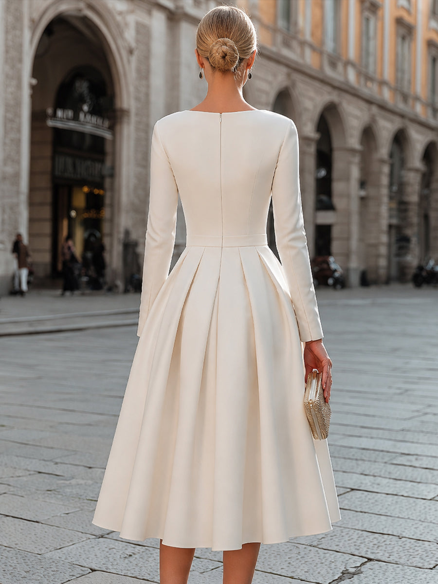 Boat Neck Pleated A-Line Midi Dress