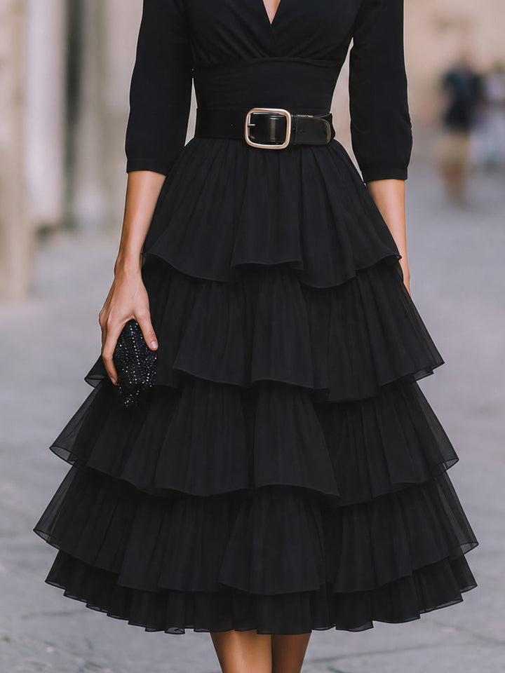 Belted Plunging V-Neck Tiered Ruffle Midi Dress