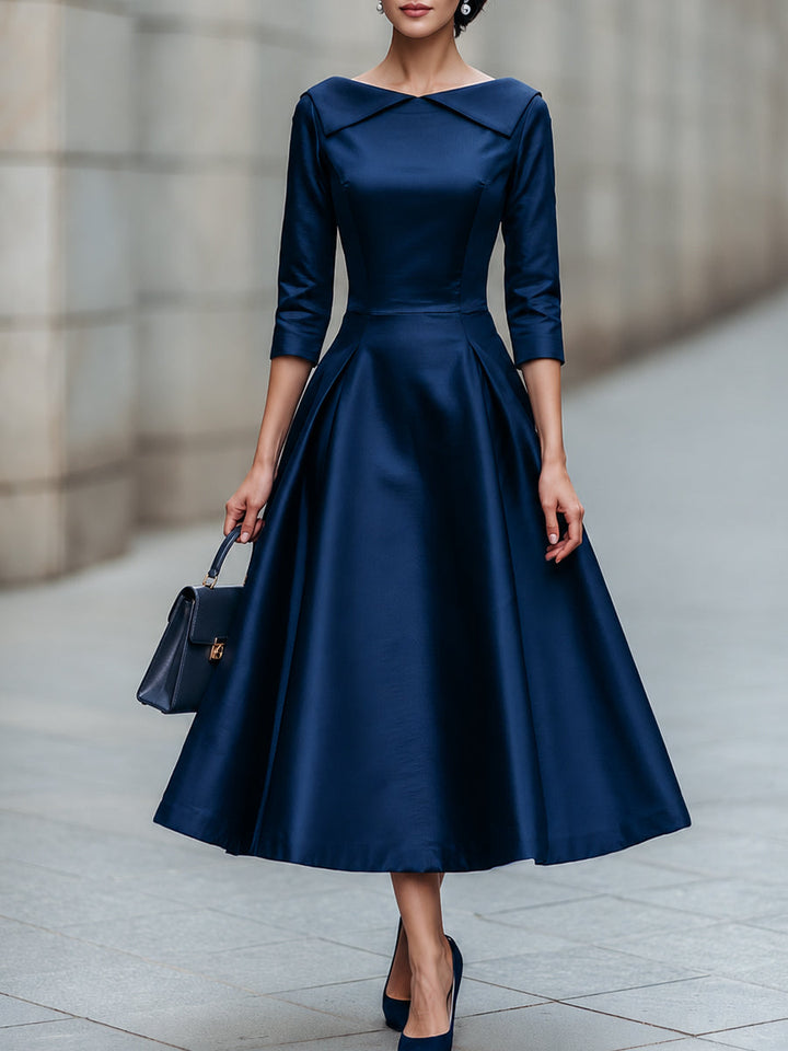 Folded Collar A-Line Midi Dress
