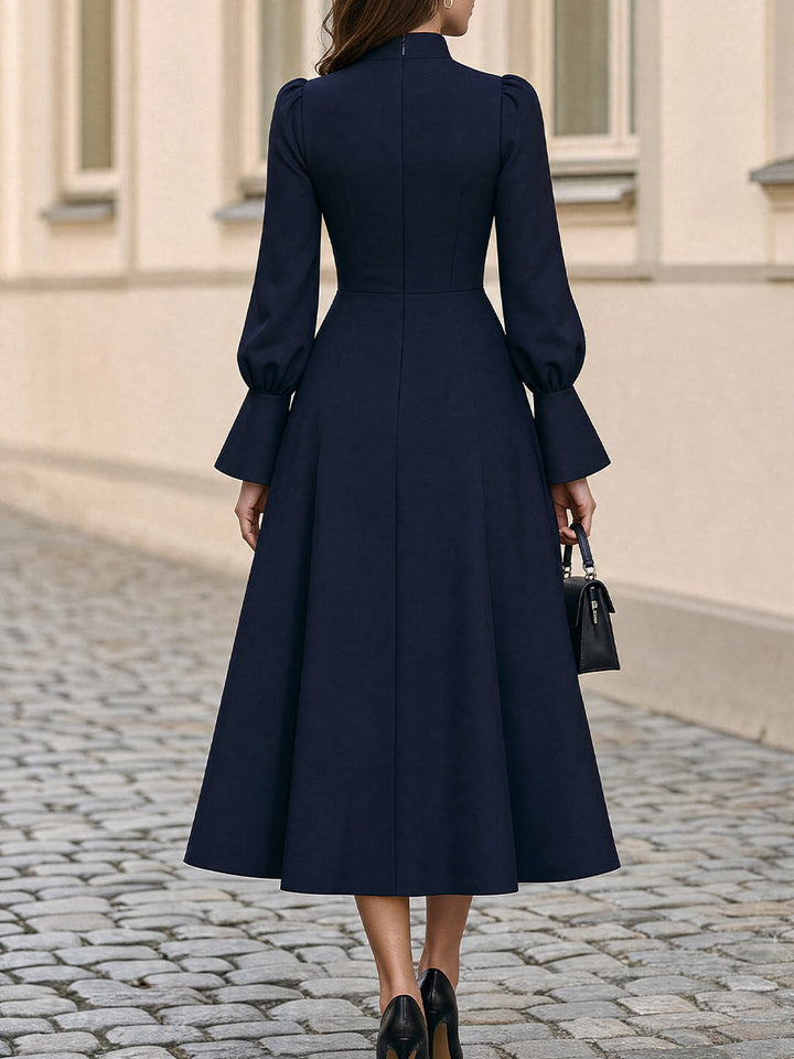 High Neck Gathered Bust  A-Line Midi Dress