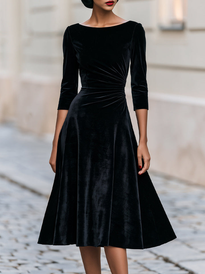 Bateau Boat Neck 3/4 Sleeve Side Ruched Velvet Midi Dress