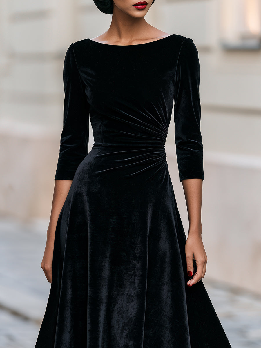 Bateau Boat Neck 3/4 Sleeve Side Ruched Velvet Midi Dress