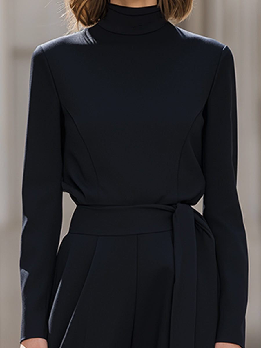 Mock-Neck Top & Wide-Leg Tie-Waist Trousers Two-Piece Set