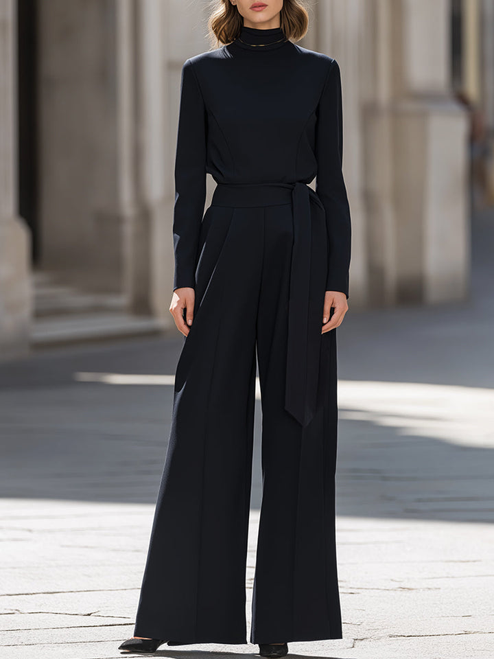 Mock-Neck Top & Wide-Leg Tie-Waist Trousers Two-Piece Set