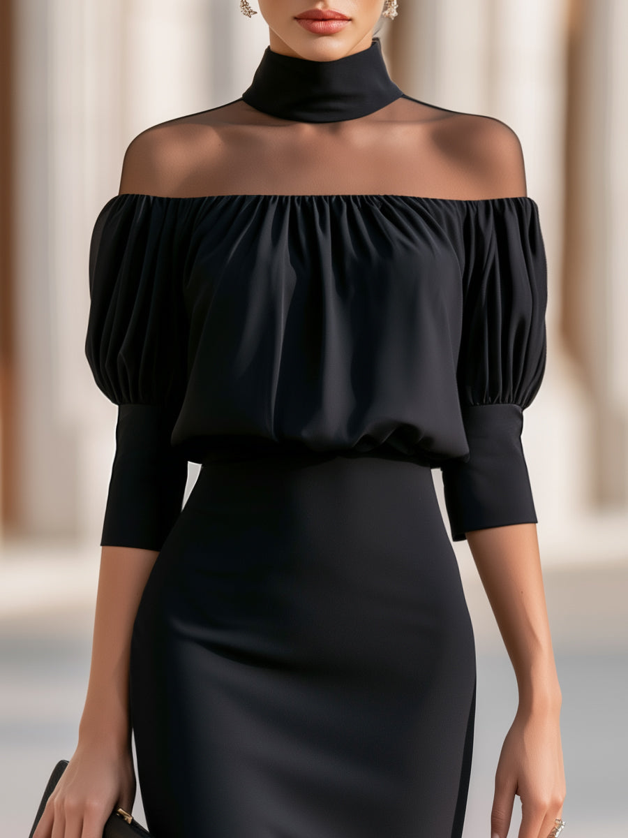 Off-Shoulder Sheer Yoke Puff Sleeves Midi Dress