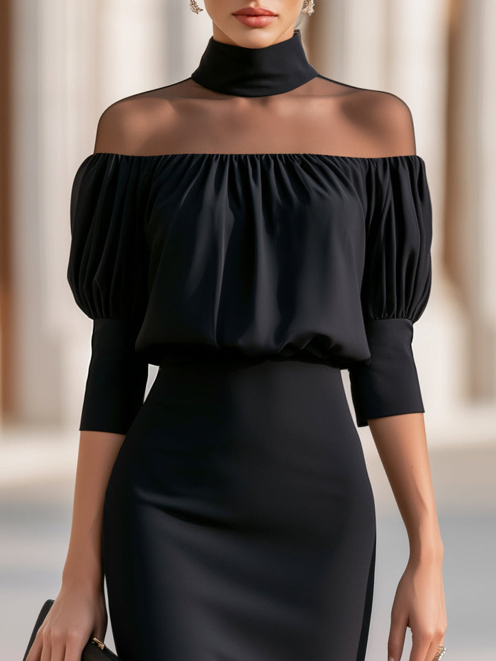 Off-Shoulder Sheer Yoke Puff Sleeves Midi Dress