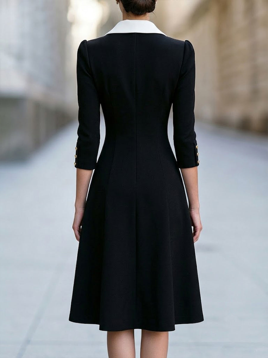 Contrast Collar A-Line Midi Dress