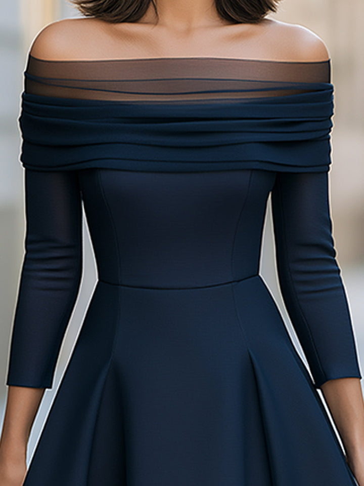 Navy Off-Shoulder Mesh A-Line Midi Dress