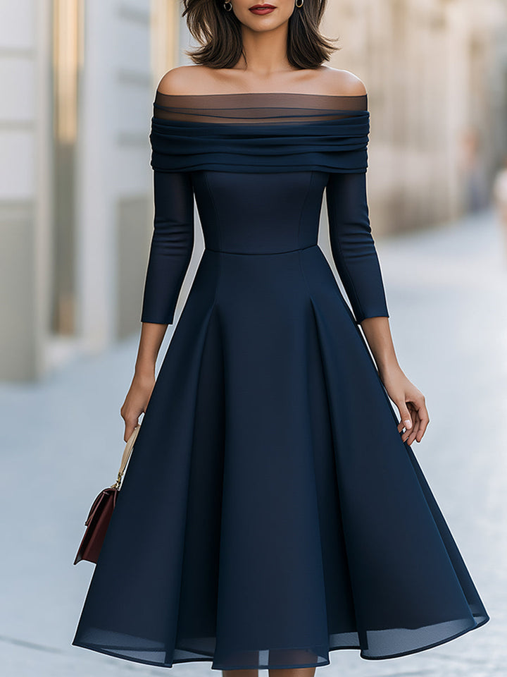 Navy Off-Shoulder Mesh A-Line Midi Dress