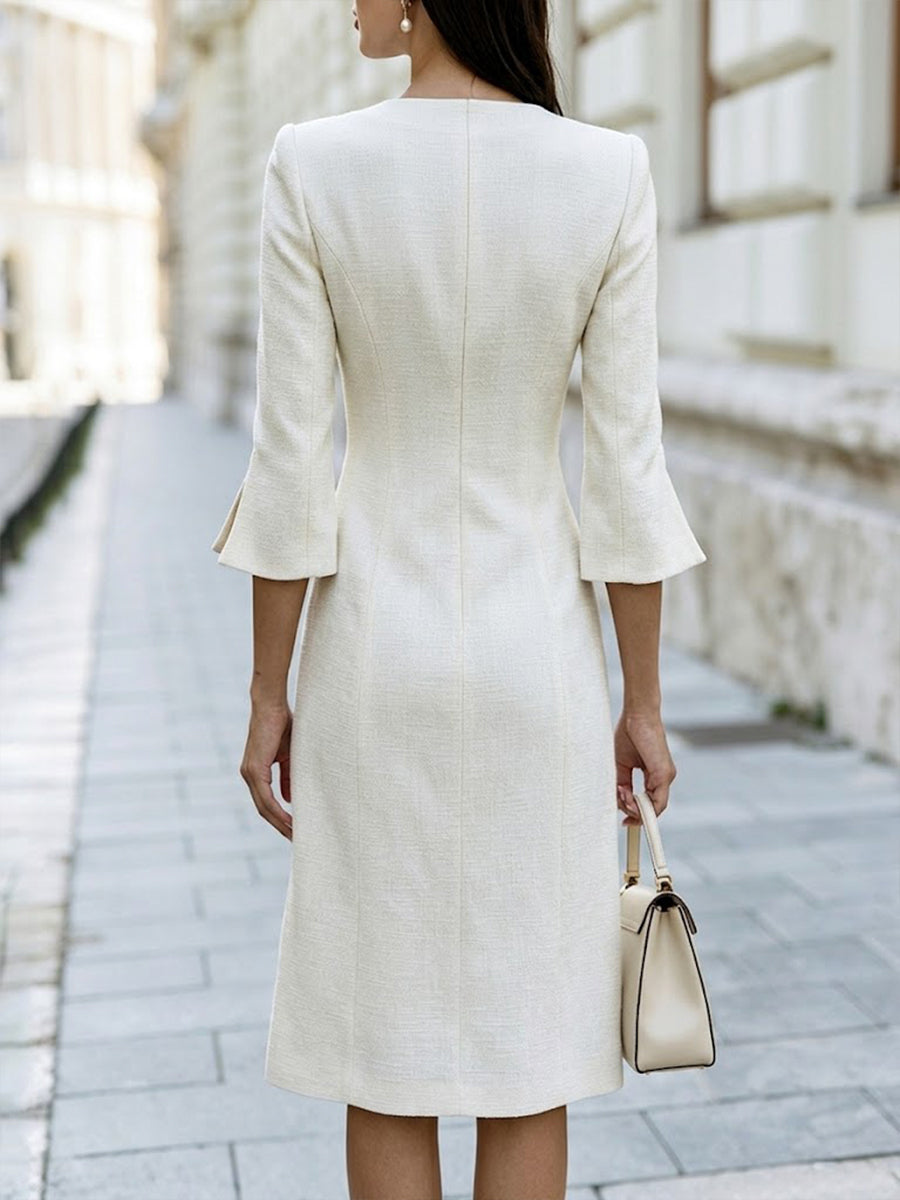 Tweed V-Neck Button Front Midi Dress