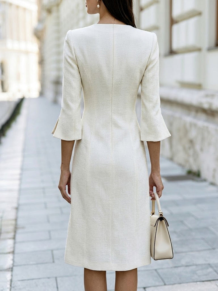 Tweed V-Neck Button Front Midi Dress