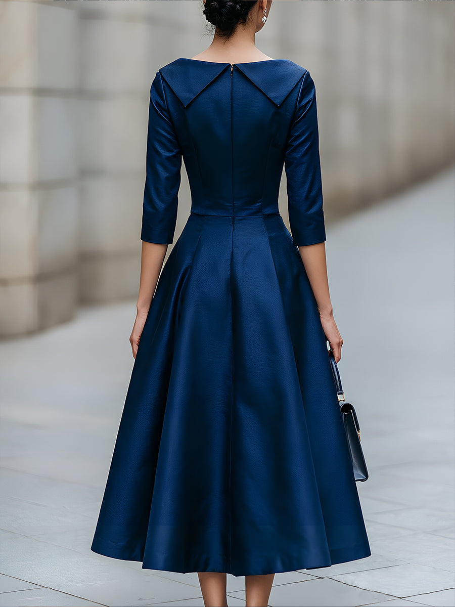 Folded Collar A-Line Midi Dress