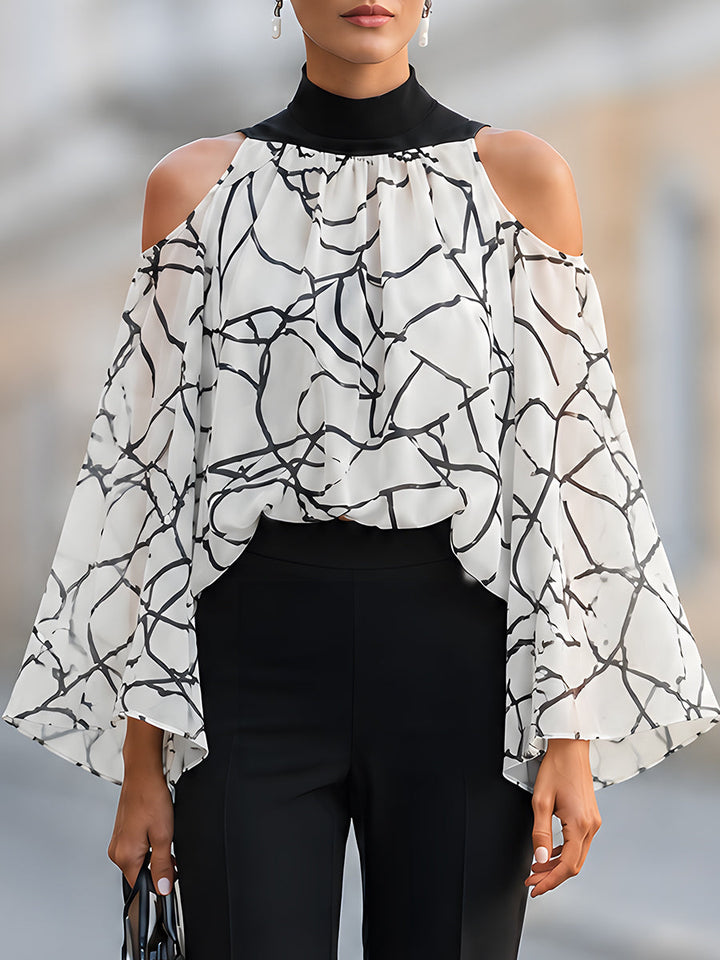 Elegant Black And White Printed Cold Shoulder Blouse