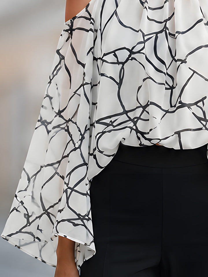Elegant Black And White Printed Cold Shoulder Blouse