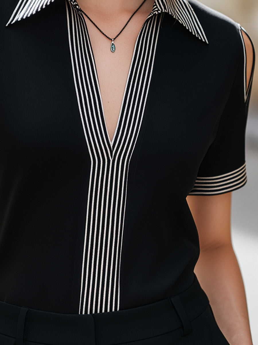 Striped Cold-Shoulder V-Neck Structured Top