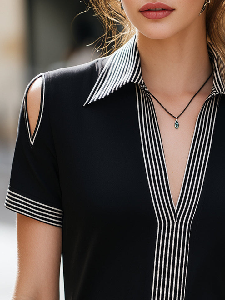 Striped Cold-Shoulder V-Neck Structured Top