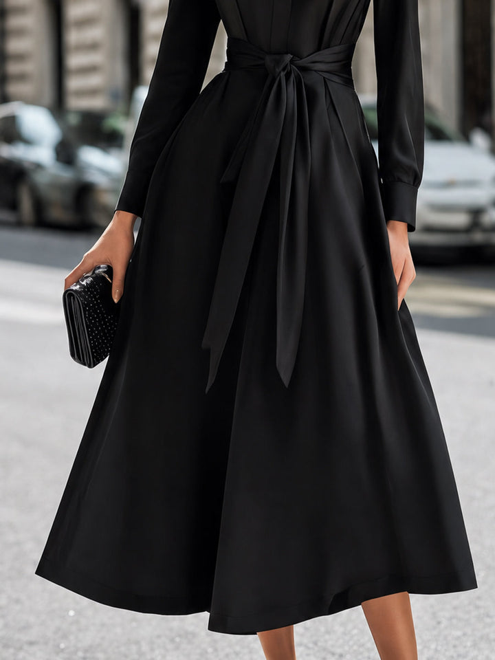 Belted Button-Front Midi Shirt Dress With Full A-Line Skirt