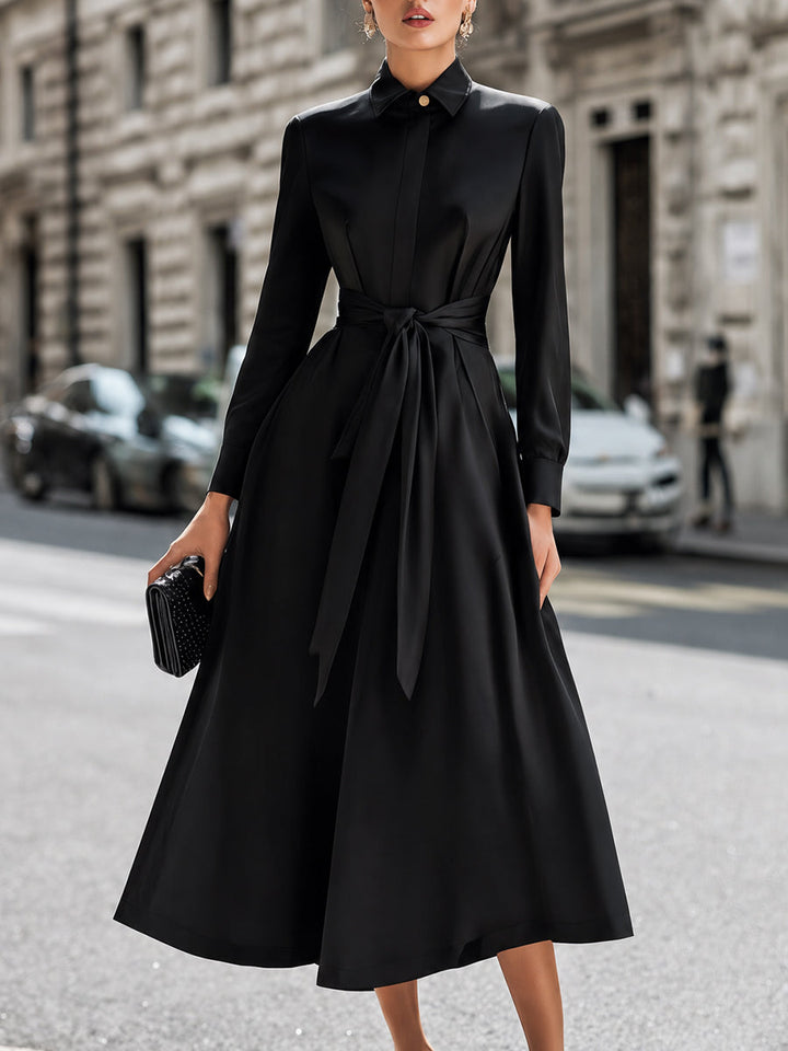 Belted Button-Front Midi Shirt Dress With Full A-Line Skirt