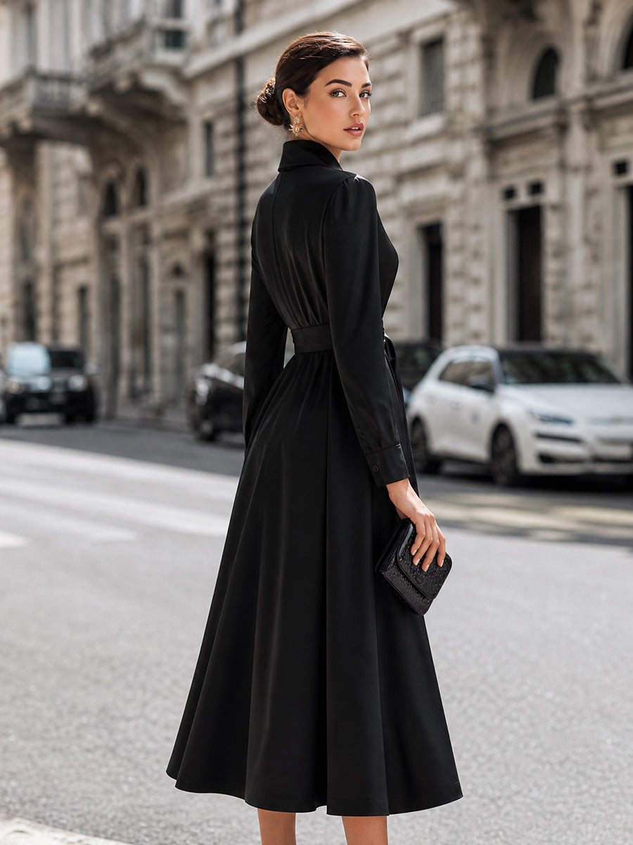 Belted Button-Front Midi Shirt Dress With Full A-Line Skirt