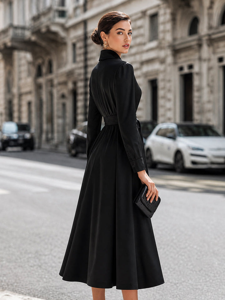 Belted Button-Front Midi Shirt Dress With Full A-Line Skirt