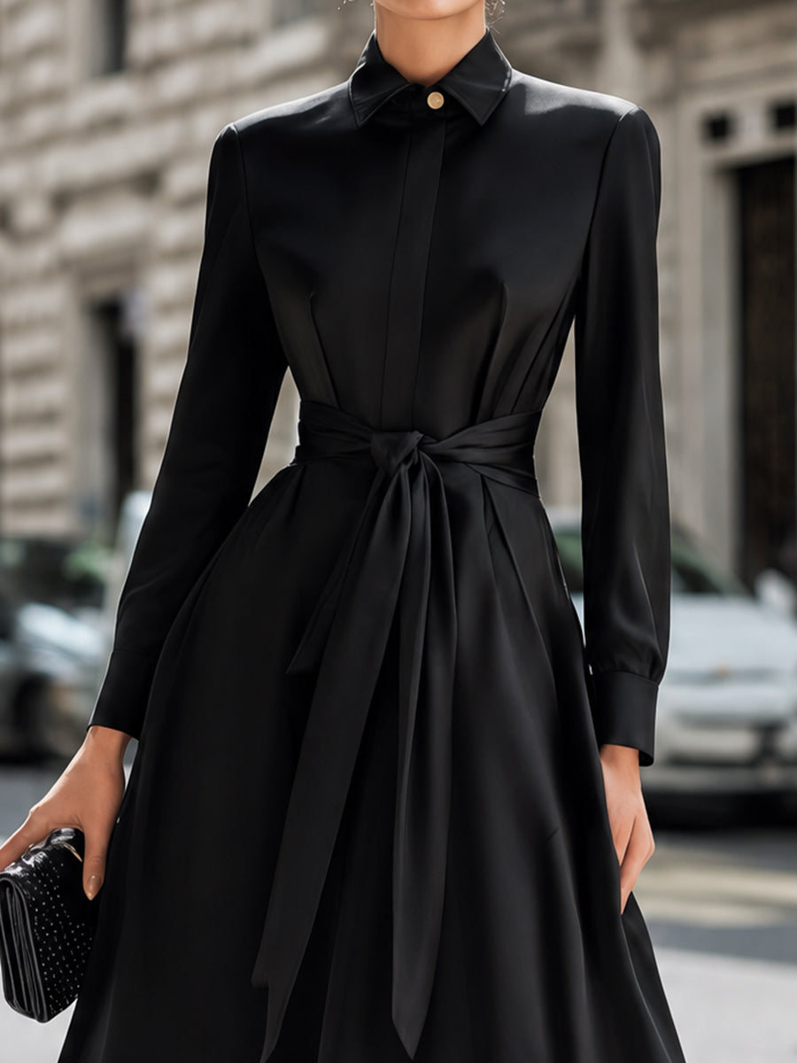 Belted Button-Front Midi Shirt Dress With Full A-Line Skirt
