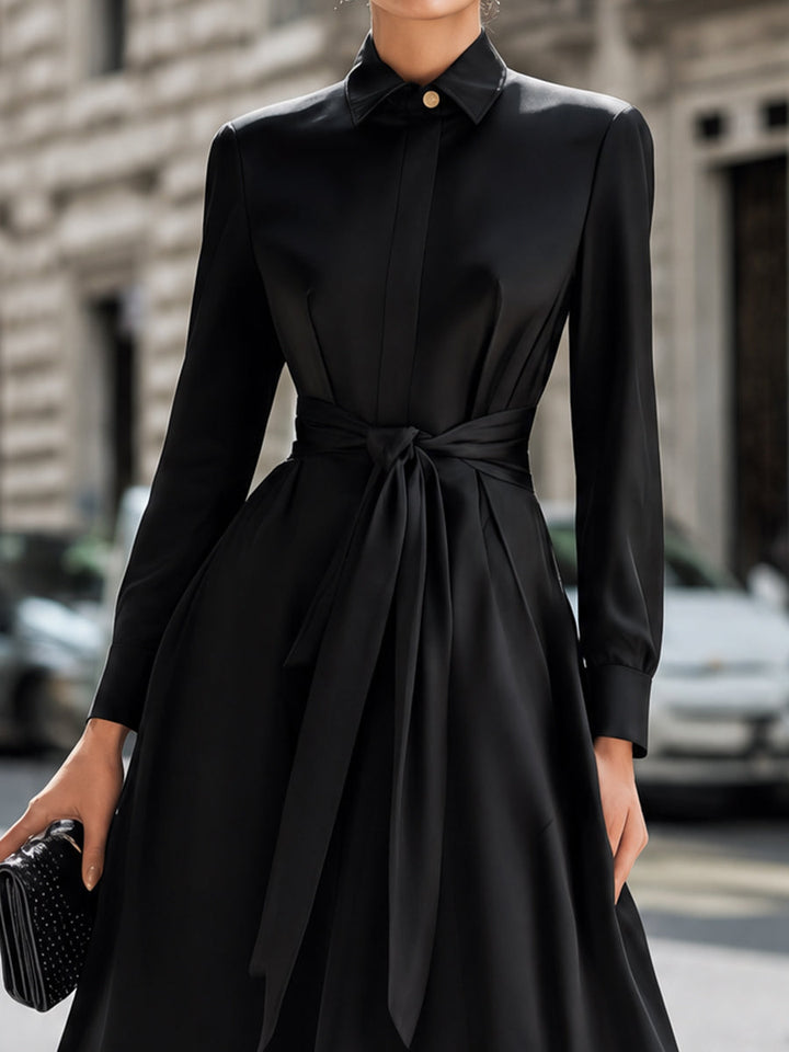 Belted Button-Front Midi Shirt Dress With Full A-Line Skirt