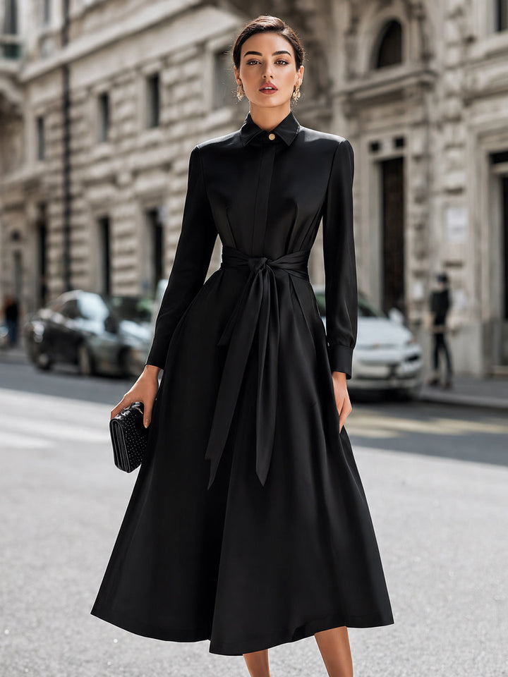Belted Button-Front Midi Shirt Dress With Full A-Line Skirt