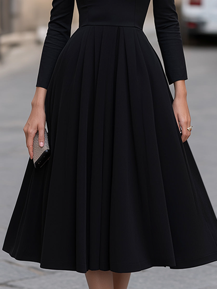 Black Sheer V-Neck Long Sleeve A-Line Midi Dress