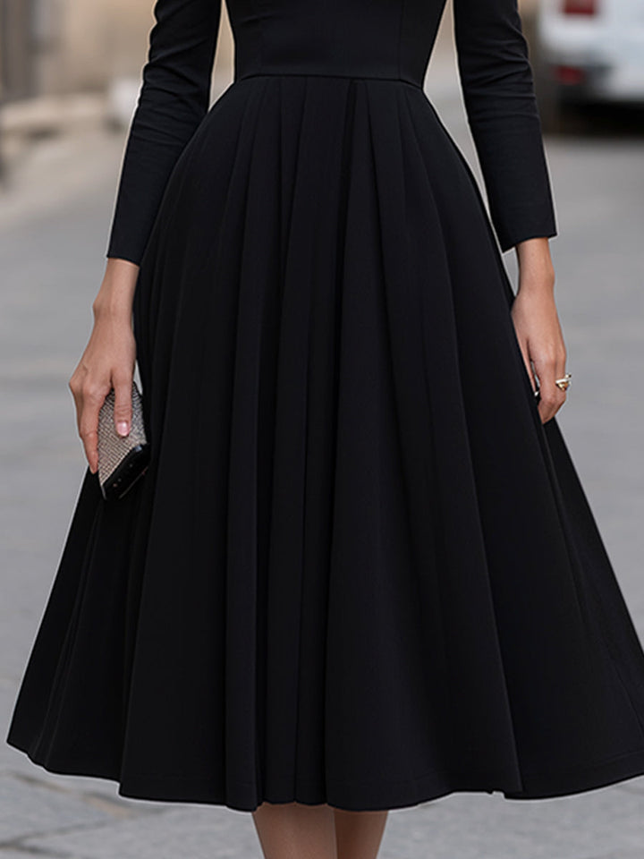 Black Sheer V-Neck Long Sleeve A-Line Midi Dress