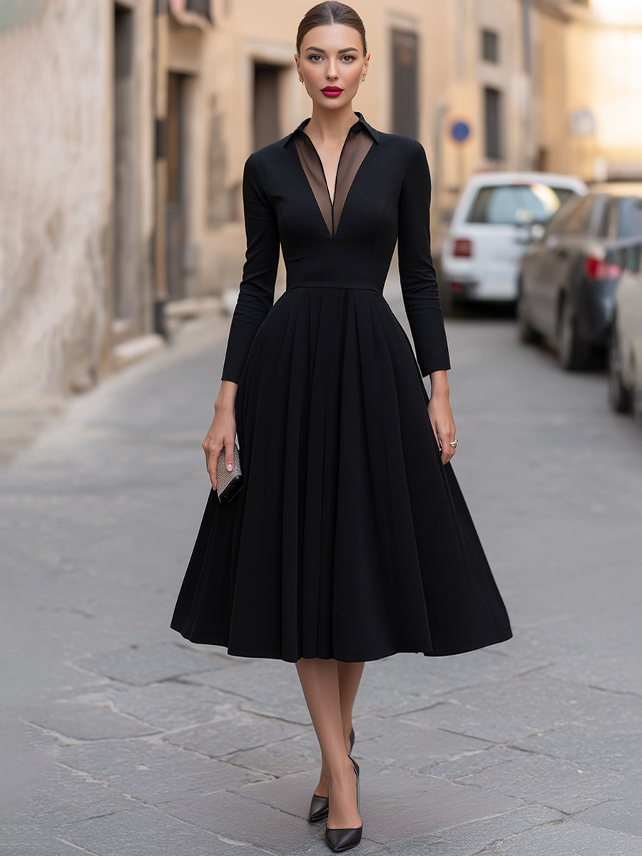 Black Sheer V-Neck Long Sleeve A-Line Midi Dress