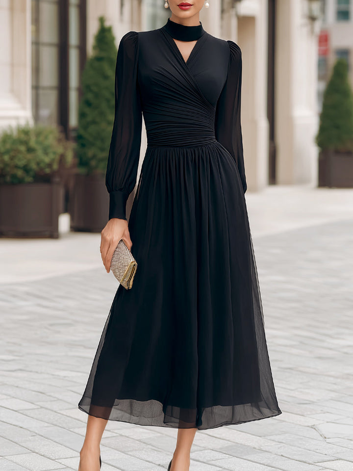 High Collar Ruched Flowing Chiffon Midi Dress