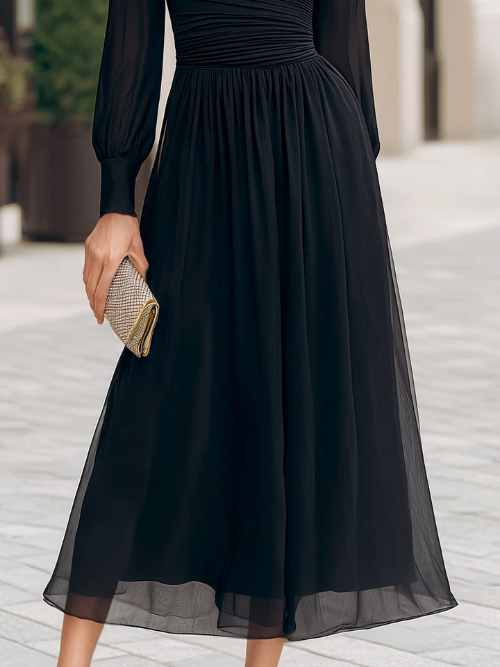 High Collar Ruched Flowing Chiffon Midi Dress