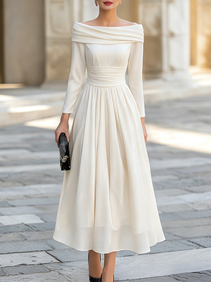 Off-Shoulder Draped Neckline A-Line Midi Dress