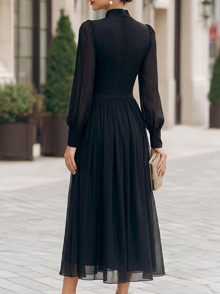 High Collar Ruched Flowing Chiffon Midi Dress