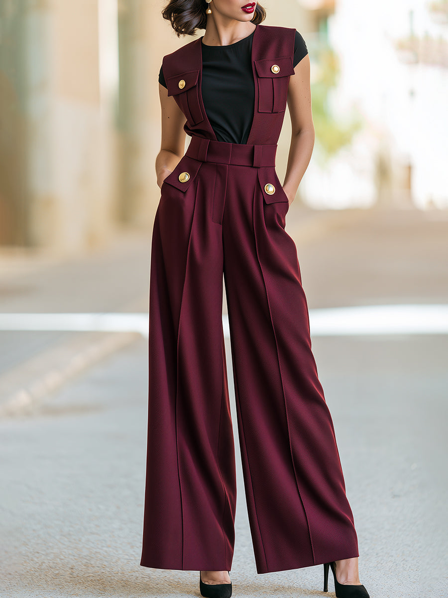 Elegant Black Short-Sleeve Top And Burgundy Suspender Wide-Leg Pants Set