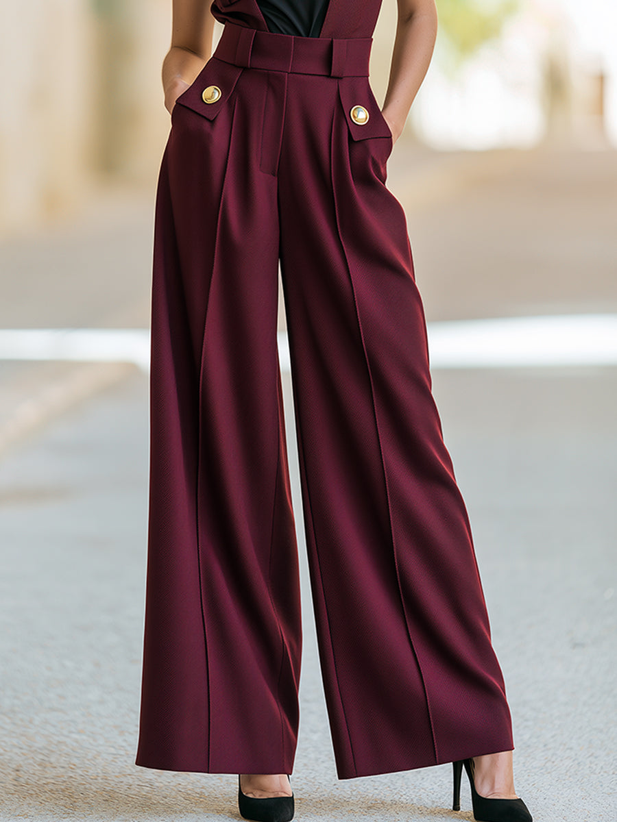 Elegant Black Short-Sleeve Top And Burgundy Suspender Wide-Leg Pants Set
