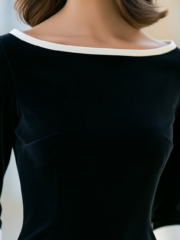 Black Velvet Contrast Cuff Boat Neck Blouse