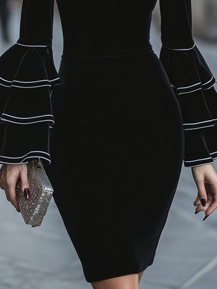 Sheer-Yoke Ruffle-Sleeve Bodycon Midi Dress