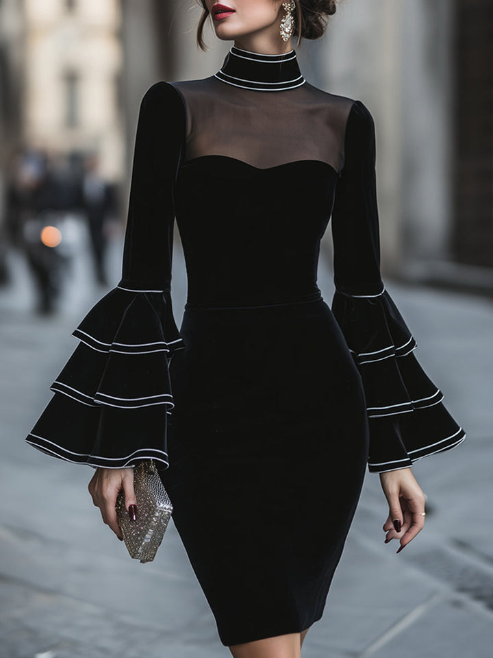 Sheer-Yoke Ruffle-Sleeve Bodycon Midi Dress