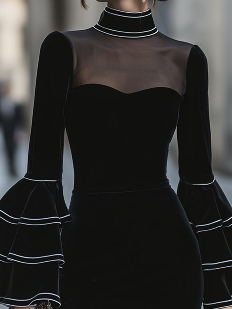 Sheer-Yoke Ruffle-Sleeve Bodycon Midi Dress