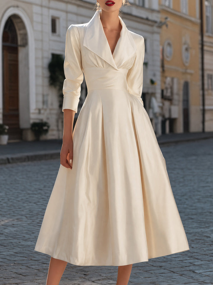 Elegant Notched Collar 3/4 Sleeve A-Line Midi Dress