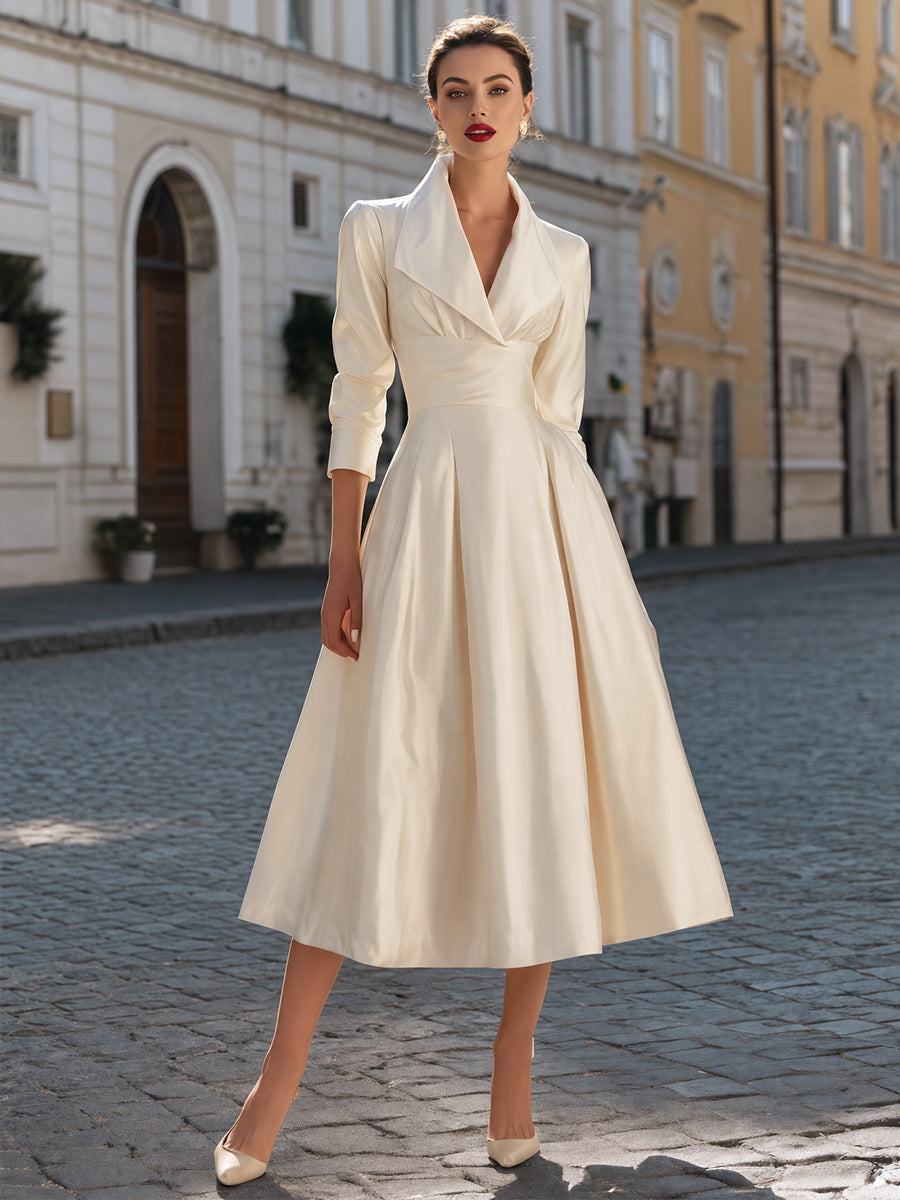 Elegant Notched Collar 3/4 Sleeve A-Line Midi Dress