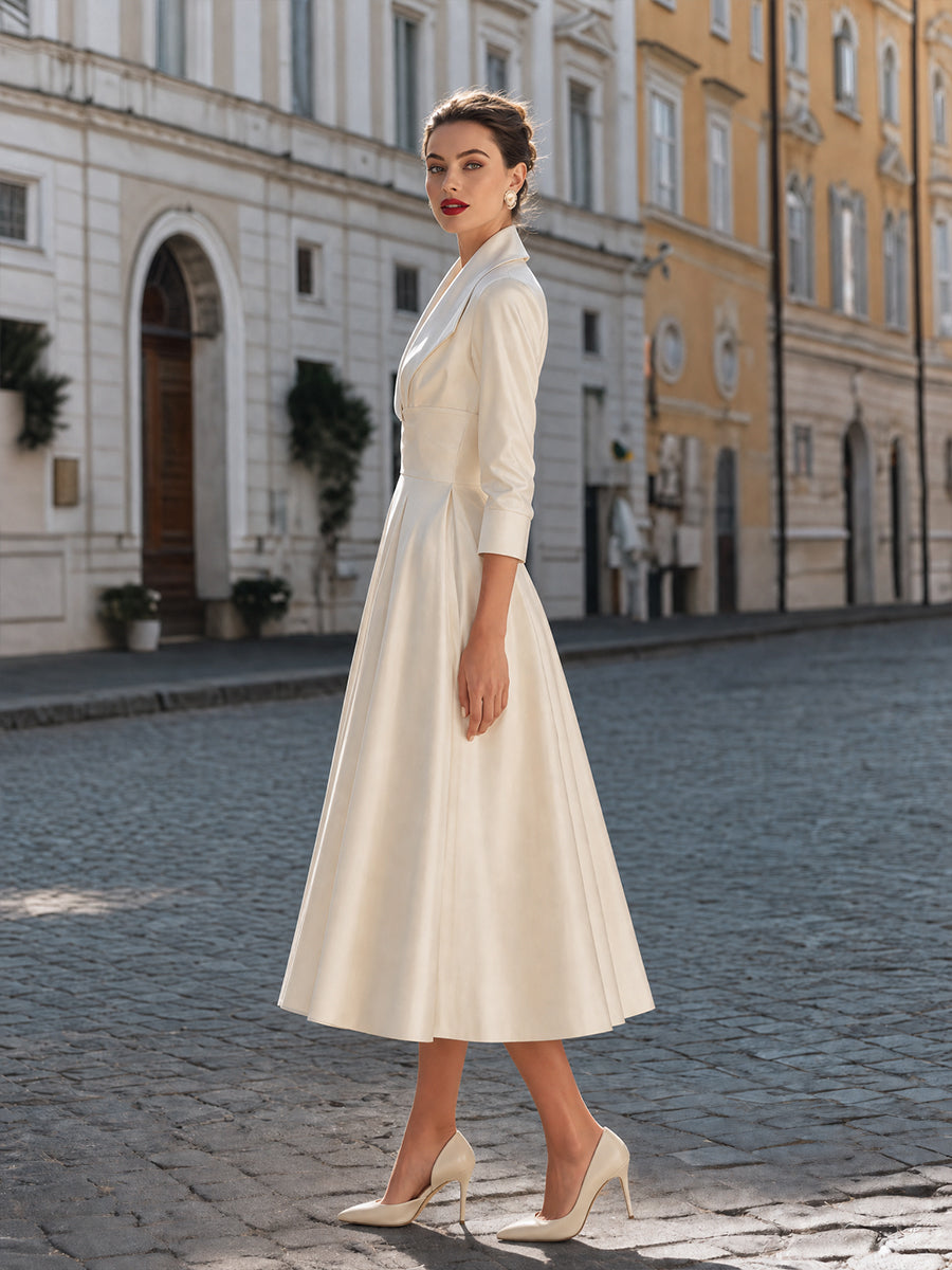 Elegant Notched Collar 3/4 Sleeve A-Line Midi Dress