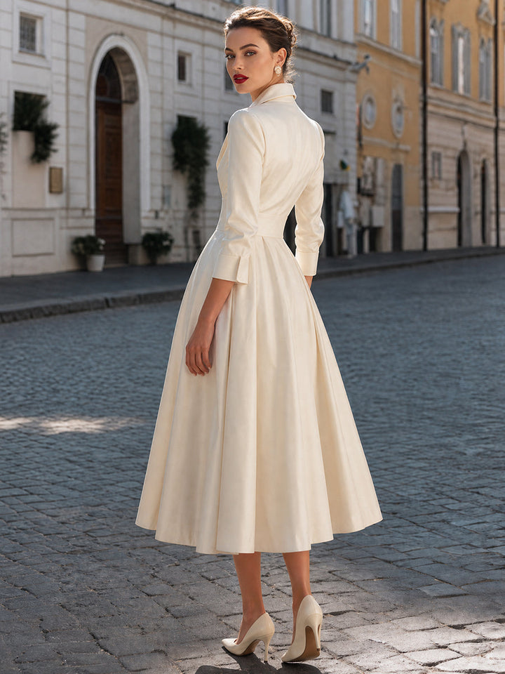 Elegant Notched Collar 3/4 Sleeve A-Line Midi Dress