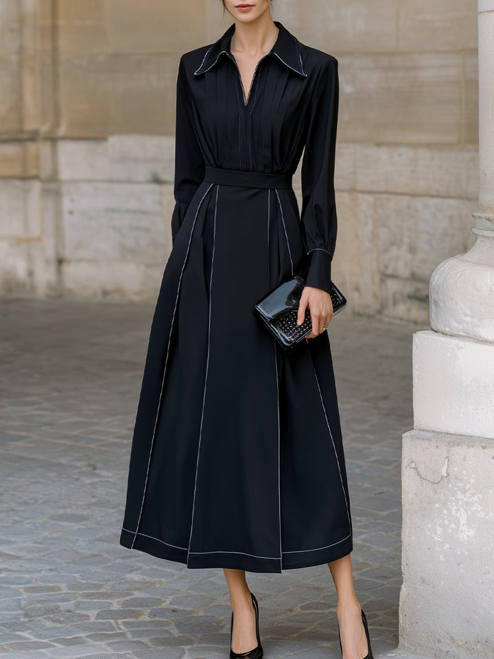 Contrast-Piped Shirt Collar Midi Dress