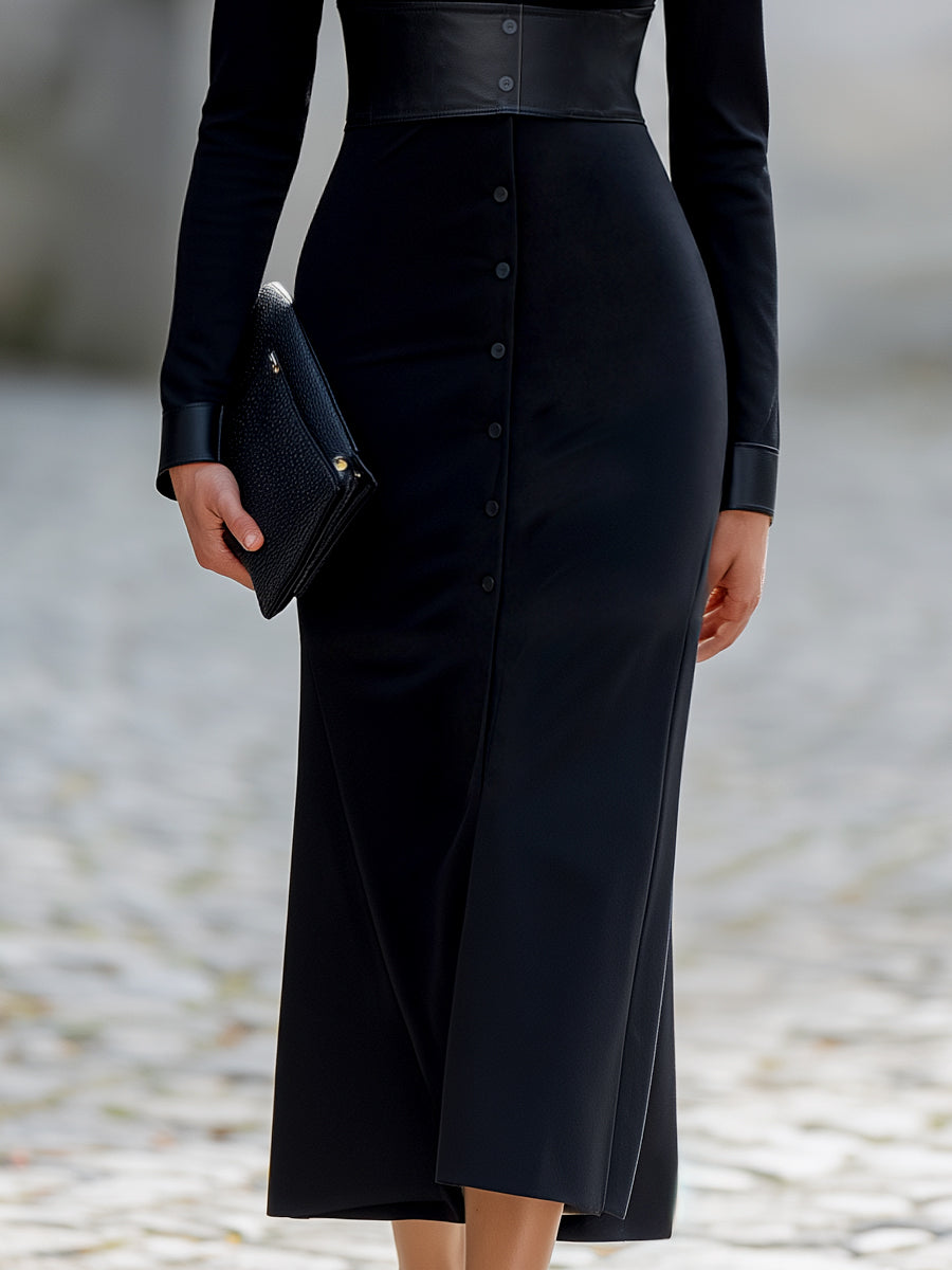 Faux Leather Trim Single-Breasted Shirt Midi Dress