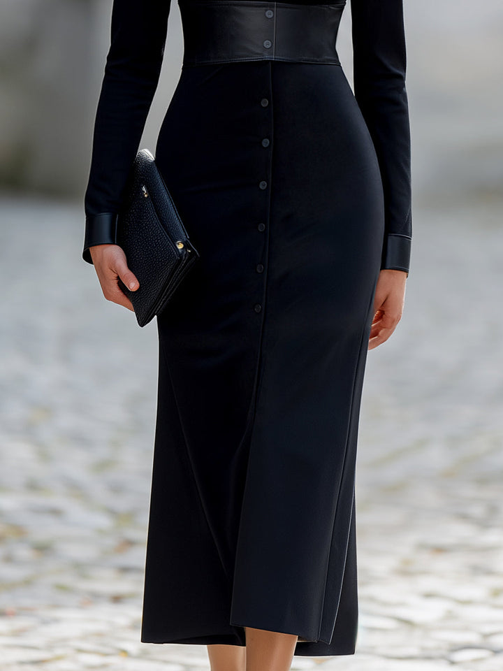 Faux Leather Trim Single-Breasted Shirt Midi Dress