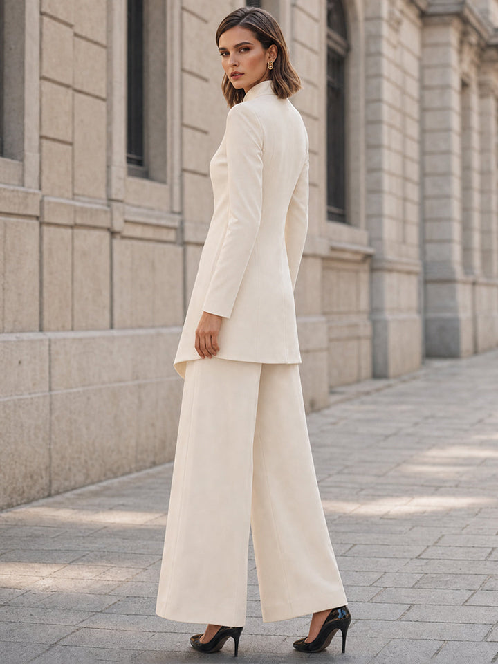 Ivory Turtleneck Tunic Blazer And Wide Leg Pants Set