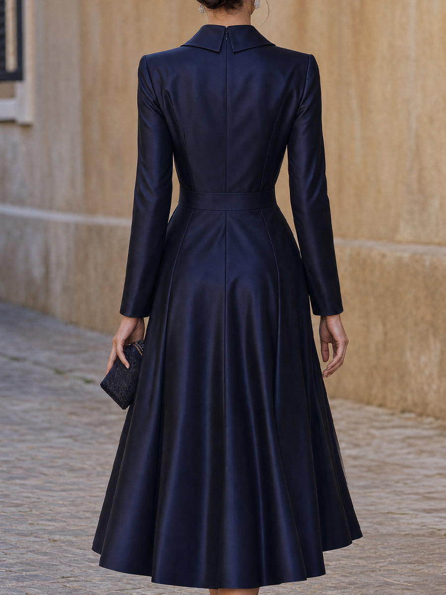 Satin Ruched Waist Crystal Button Midi Dress